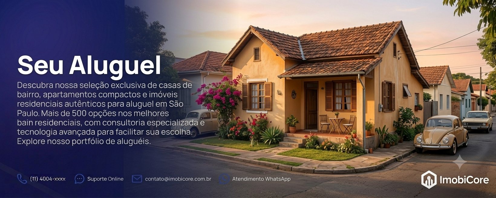 Seu aluguel. Casa térrea de esquina ao entardecer, com telhado de cerâmica, varanda com mesa e jardim florido na calçada.
