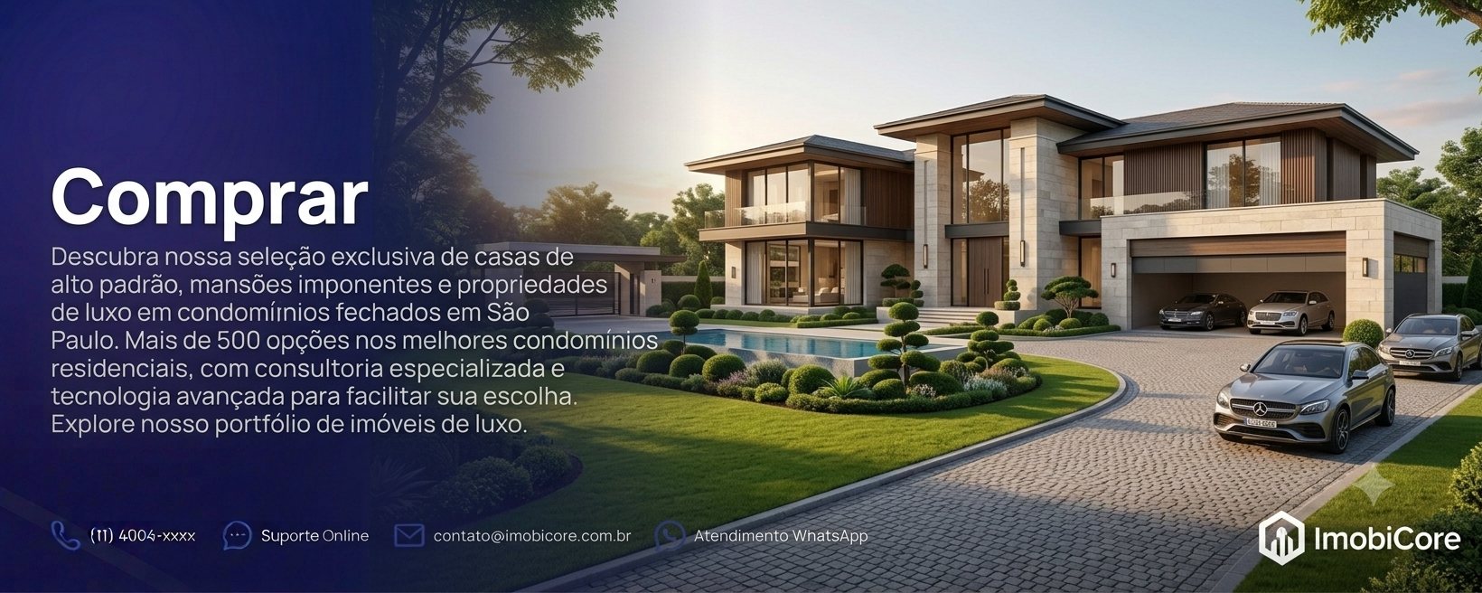 Comprar. Casa de alto padrão em condomínio fechado, com piscina, jardim desenhado e garagem para três carros.
