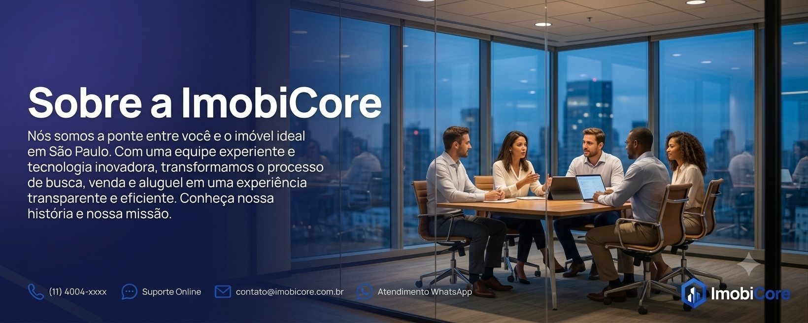 Sobre a ImobiCore. Nós somos a ponte entre você e o imóvel ideal em São Paulo. Com uma equipe experiente e tecnologia inovadora, transformamos o processo de busca, venda e aluguel em uma experiência transparente e eficiente.