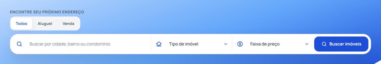 Barra de busca do ImobiCore, com campo de texto livre, seletor de tipo de imóvel, faixa de preço e as abas Todos, Aluguel e Venda.