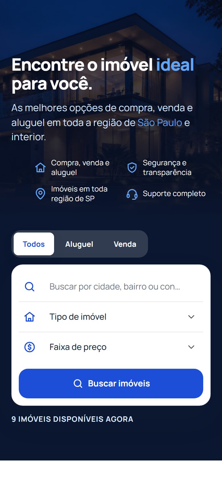A home do ImobiCore num celular, com a chamada, os diferenciais em duas colunas e a busca empilhada com botão de largura total.