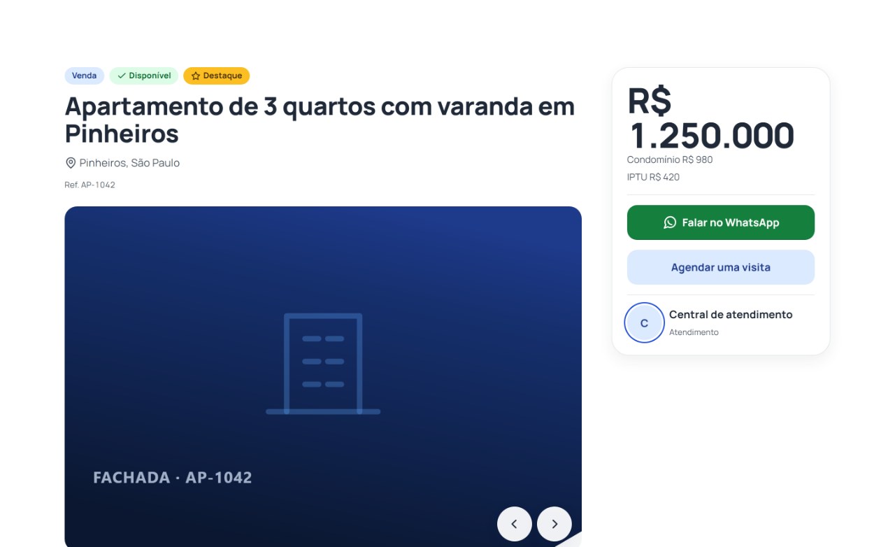 Ficha de um apartamento, com galeria de fotos à esquerda e, à direita, o painel de preço com os botões de WhatsApp e de agendamento.