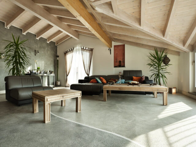 Ambiente unico com teto de vigas aparentes, sofa e mesa de centro