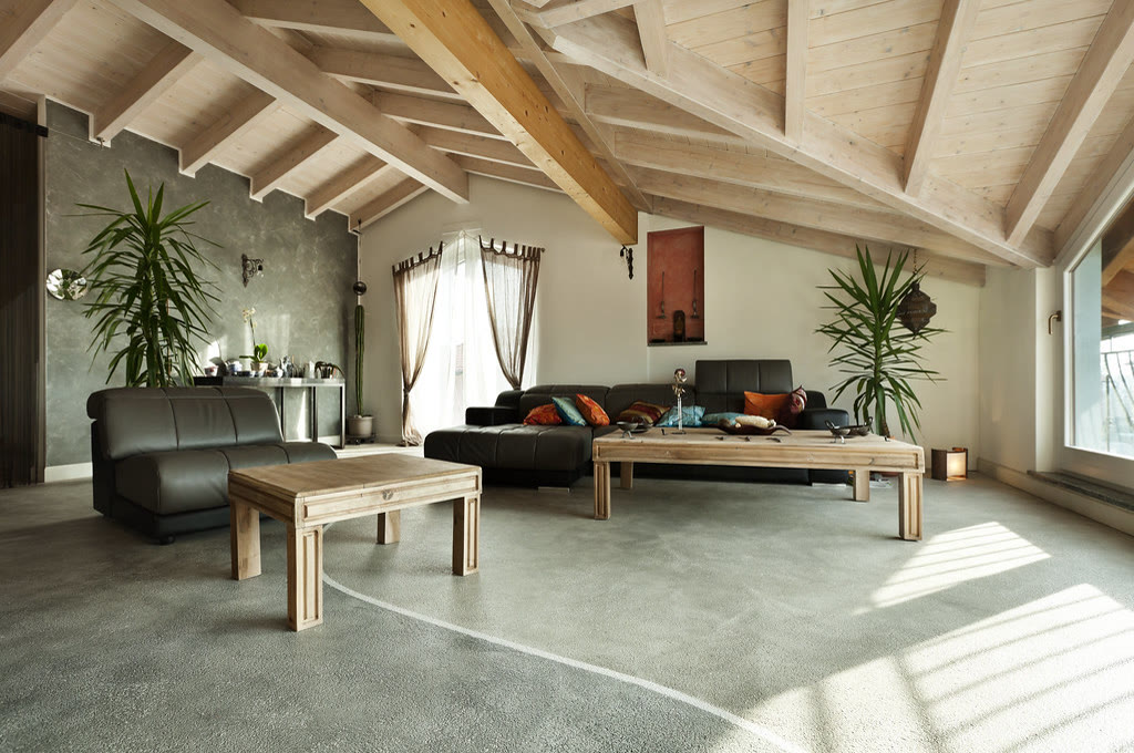 Ambiente unico com teto de vigas aparentes, sofa e mesa de centro